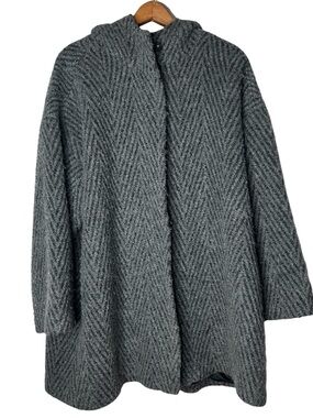 Eileen Fisher Lofty Alpaca-Wool Hooded Chevron Coat Ash Gray Made in Peru ~Sz XL